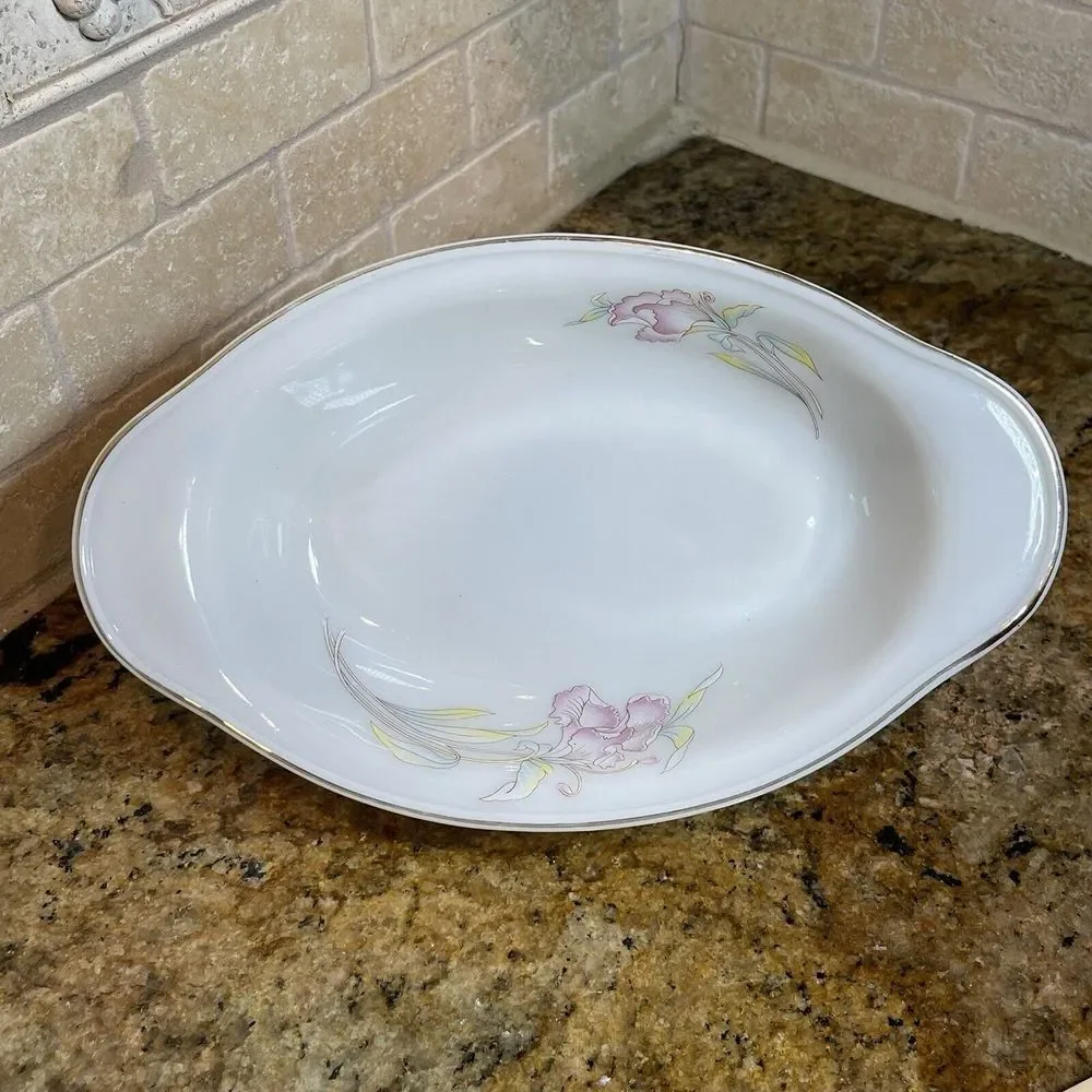 VTG Pair Acropal France Relish Dishes 10.5 Inch Victoria Oval‎ Milk Glass Floral